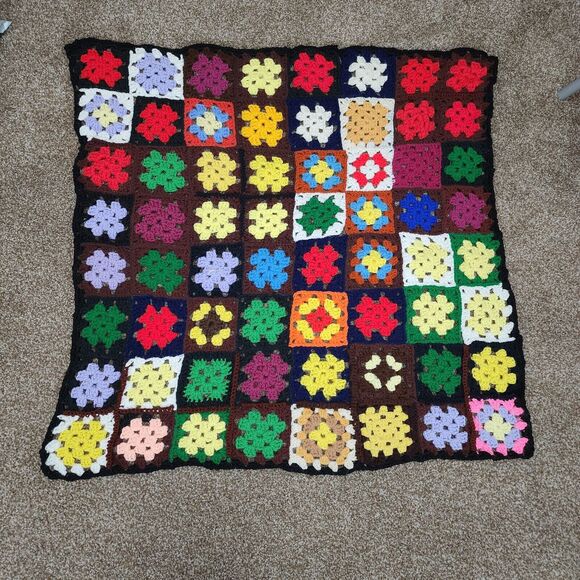 Vtg Crochet 3 x 3 ft Afghan Blanket Lap Throw Granny Squares BRIGHT multicolor - Picture 3 of 8
